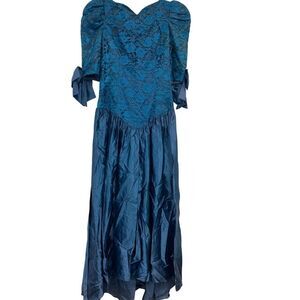 Vintage Alfred Angelo Womens Prom Dress Taffeta Size 10 Blue Lace Satin Formal